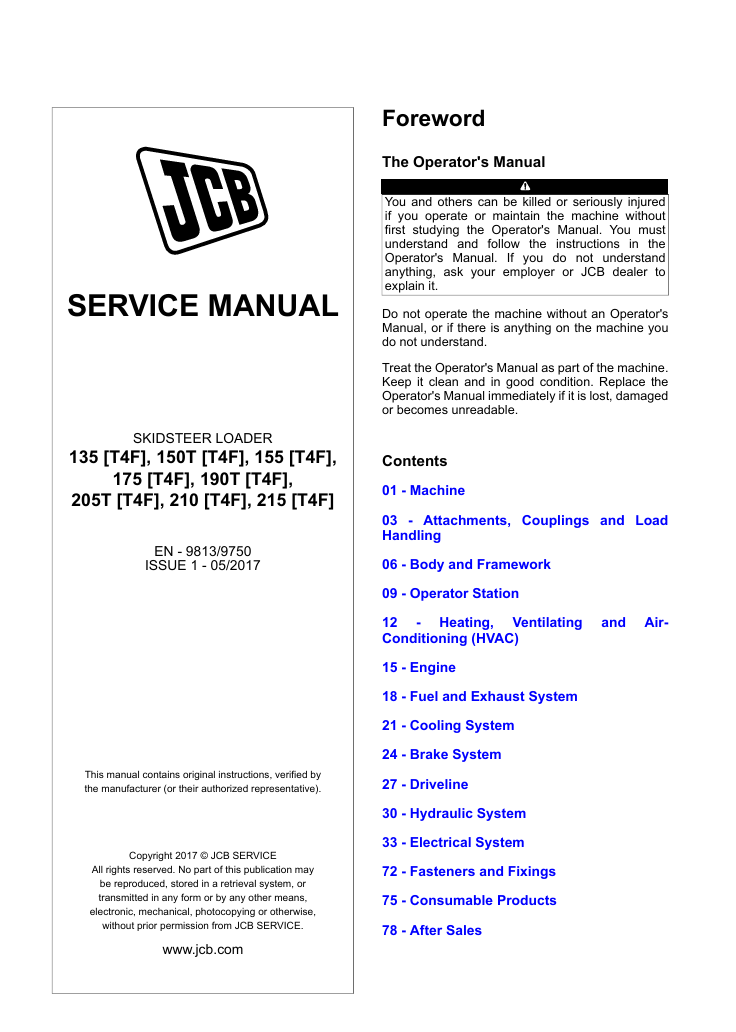 JCB 155 Skid Steer Loader service manual, providing essential repair and maintenance instructions for operators