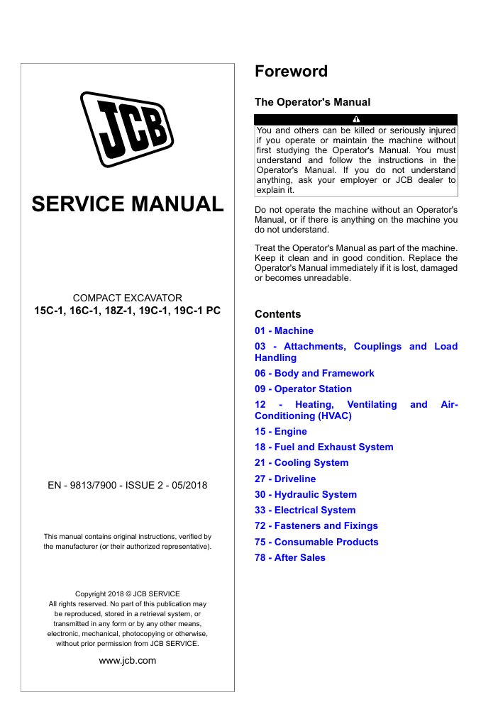 Comprehensive service manual for JCB 19C-1 Mini Excavator, covering repair and maintenance guidelines