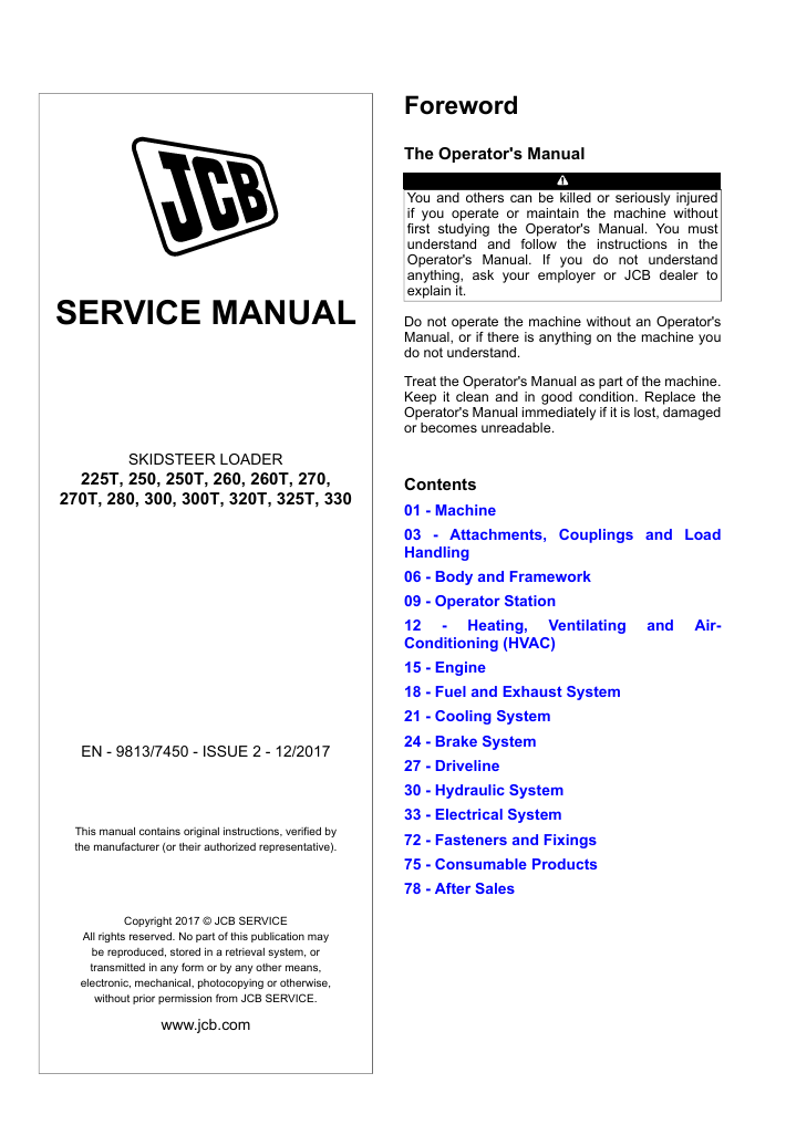 Comprehensive service manual for JCB 270 Skidsteer Loader, covering repair and maintenance guidelines