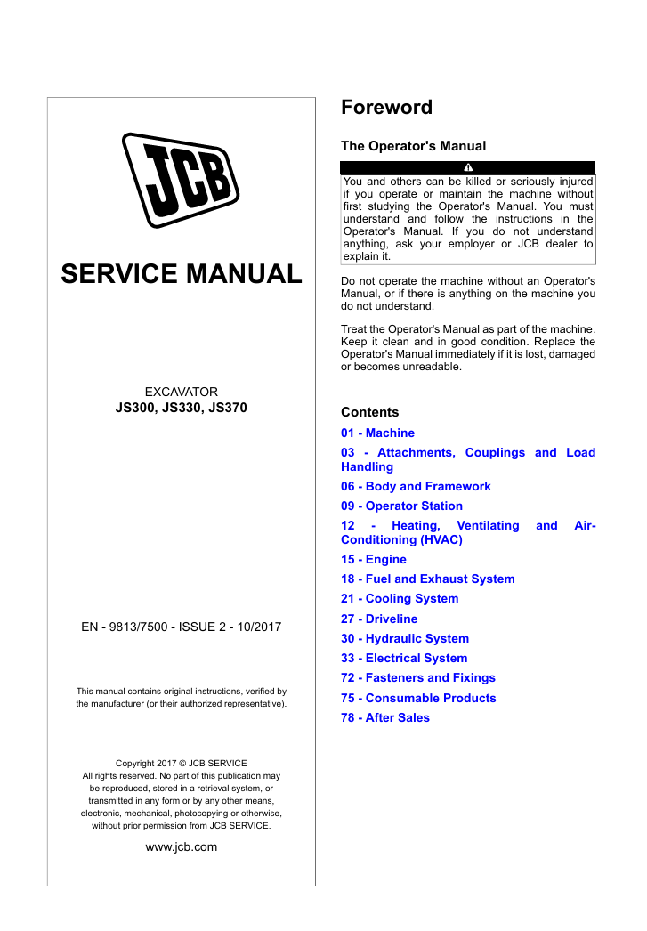 Comprehensive service repair manual for the JCB 330 Excavator, providing essential maintenance and repair guidelines