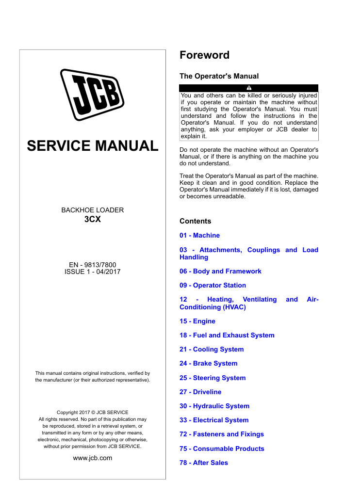 Comprehensive service manual for JCB 3CX Backhoe Loader, covering repair and maintenance guidelines