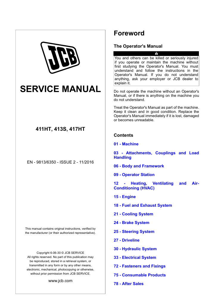 Detailed repair manual for JCB 417 HT Wheel Loader, including service procedures and maintenance guidelines