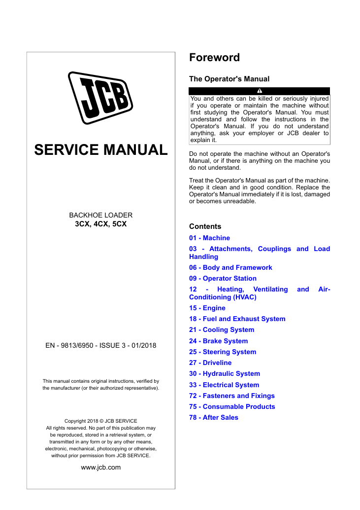 Comprehensive service manual for JCB 4CX Backhoe Loader, covering repair and maintenance guidelines