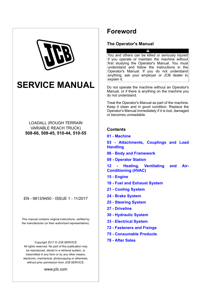 Service repair manual for JCB 508-66 Loadall, detailing maintenance and repair procedures for optimal performance