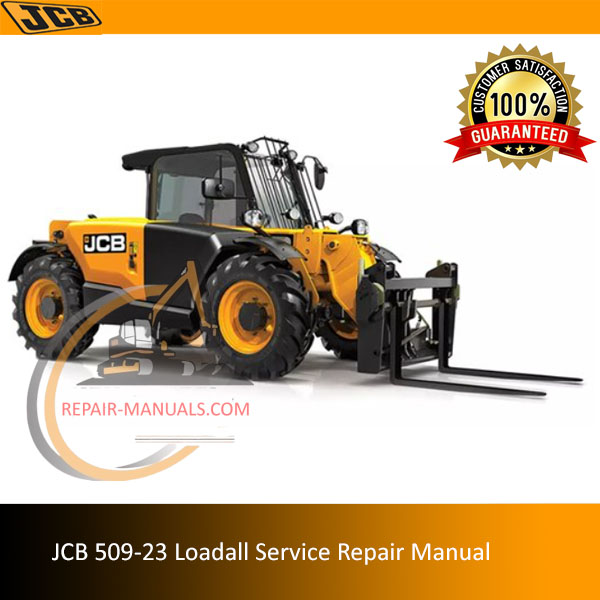 JCB 509-23 Loadall Service Repair Manual cover featuring the model and technical illustrations for maintenance guidance