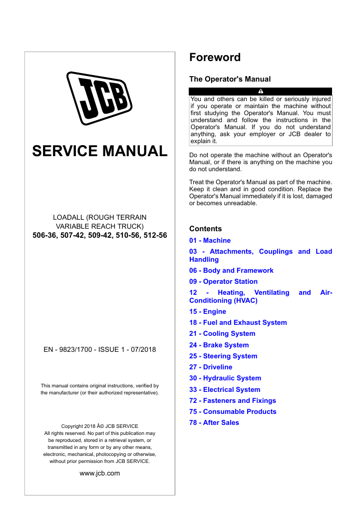 Service repair manual for JCB 510-56 telehandler, detailing maintenance and troubleshooting procedures