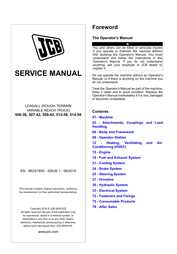 Service repair manual for JCB 512-56 Telehandler, detailing maintenance and troubleshooting procedures