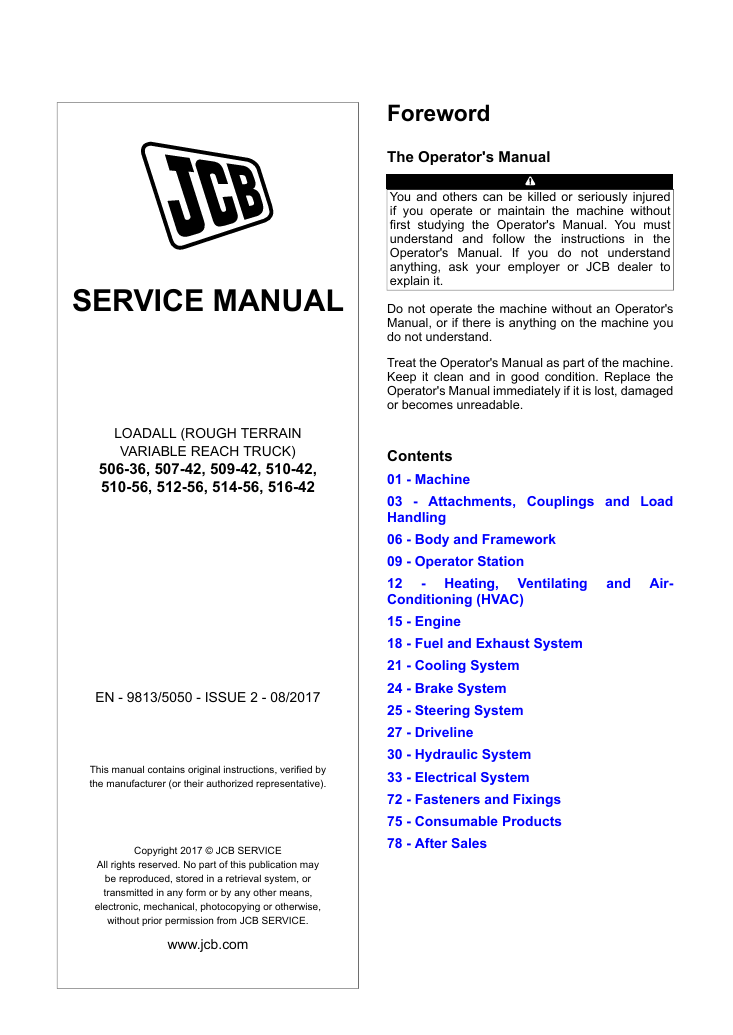 Service repair manual for JCB 516-42 Loadall, detailing maintenance and repair procedures for optimal performance