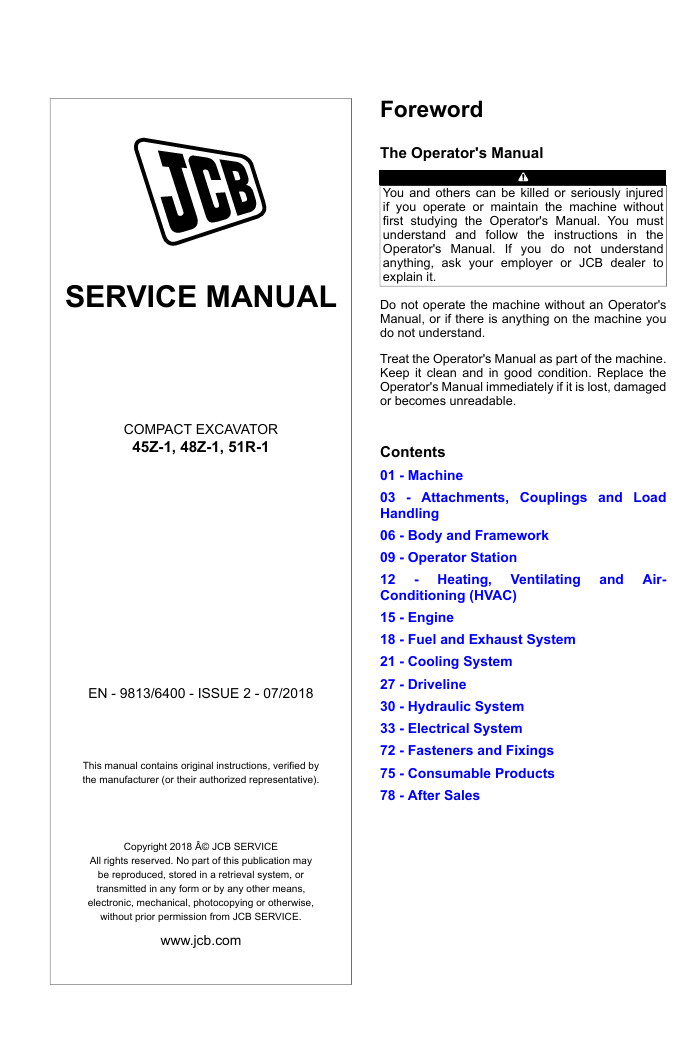 Detailed service and repair manual for the JCB 51R-1 Compact Excavator, focusing on maintenance procedures