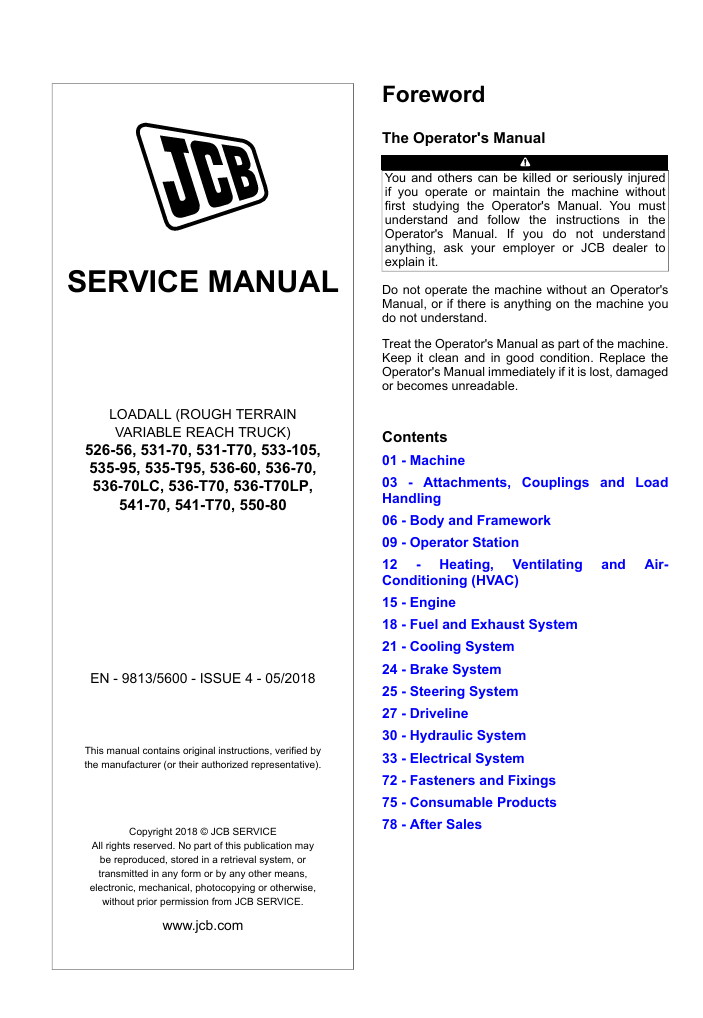 JCB 531-T70 Telehandler service manual, providing essential repair instructions and maintenance tips