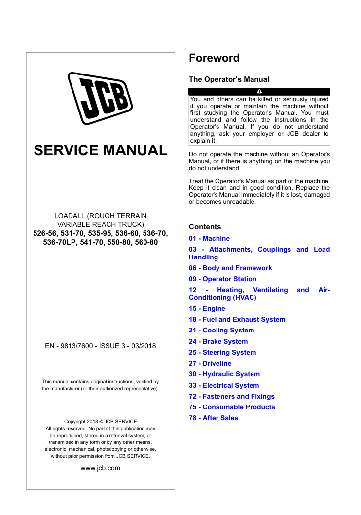 JCB 536-60 Loadall Service Repair Manual cover featuring detailed maintenance and repair guidelines for the equipment