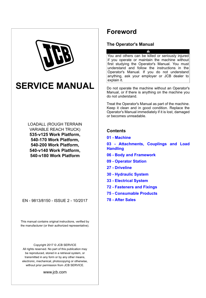 JCB 540-170 work platform service manual, providing essential repair and maintenance guidelines for optimal performance