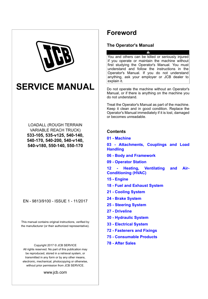 Detailed service manual for JCB Loadall 540 200, including repair instructions and maintenance procedures
