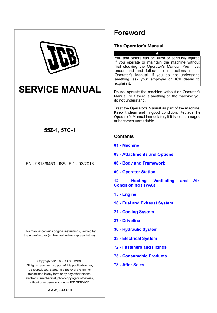 Detailed service and repair manual for the JCB 45Z-1 Compact Excavator, focusing on maintenance procedures
