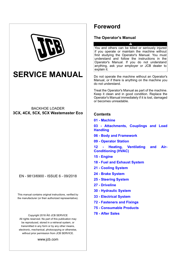 Detailed service and repair manual for the JCB 5CX Wastemaster Eco Backhoe Loader, focusing on maintenance practices