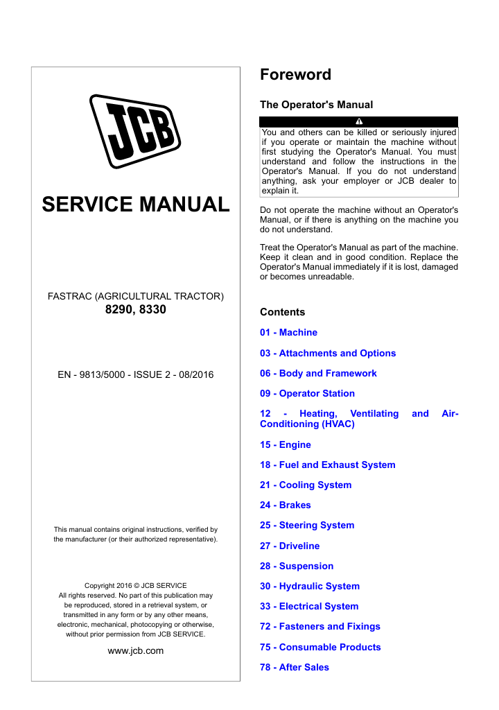 Detailed service repair manual for JCB Fastrac 8290, focusing on maintenance procedures and troubleshooting techniques