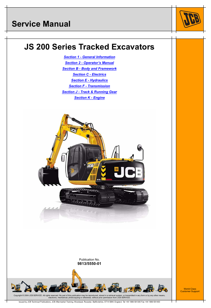 Detailed service and repair manual for JCB JS 200 Series Excavators, focusing on maintenance procedures