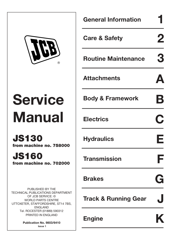 Service repair manual for JCB JS130 excavator, detailing maintenance and troubleshooting procedures