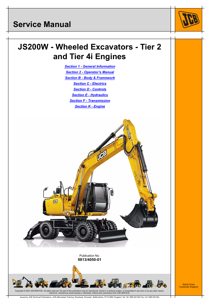 Detailed service and repair manual for the JCB 200W Wheeled Excavator, focusing on maintenance procedures