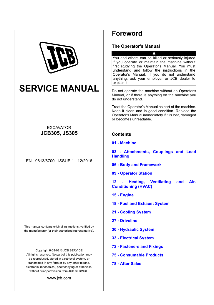 Detailed service and repair manual for the JCB JS305 Excavator, including troubleshooting and maintenance procedures