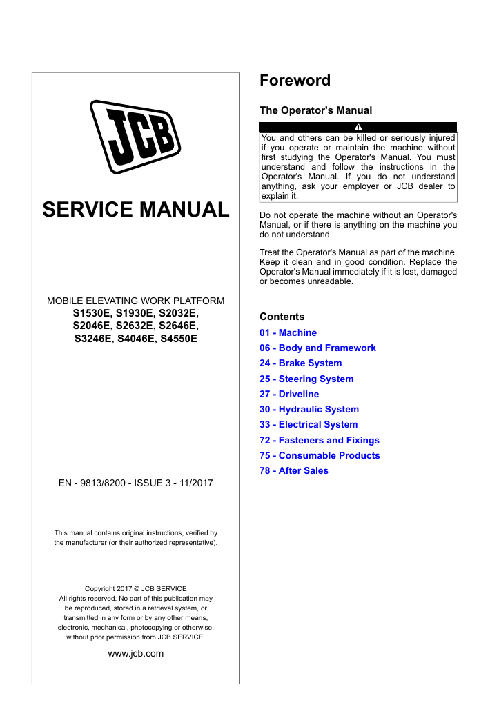 Detailed service repair manual for the JCB S2646E Work Platform, offering guidance on maintenance and troubleshooting