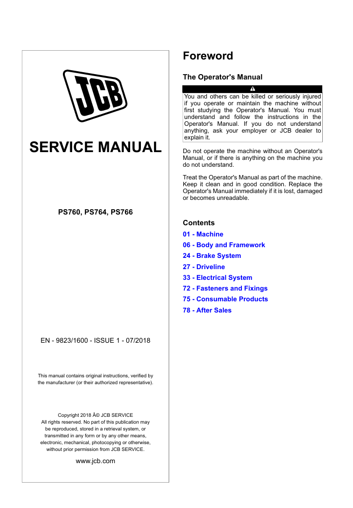 Comprehensive service manual for JCB Transmission PS760, outlining repair techniques and maintenance tips