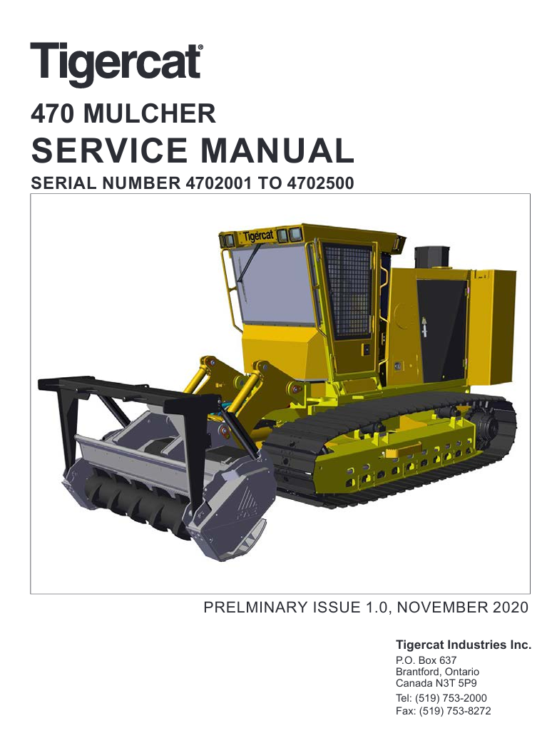 Detailed service repair manual for the Tigercat 470 Mulcher, including troubleshooting and maintenance information
