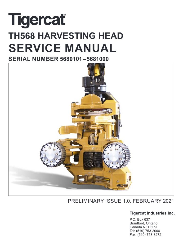 Detailed repair manual for the Tigercat TH568 harvesting head, outlining service procedures and maintenance tips