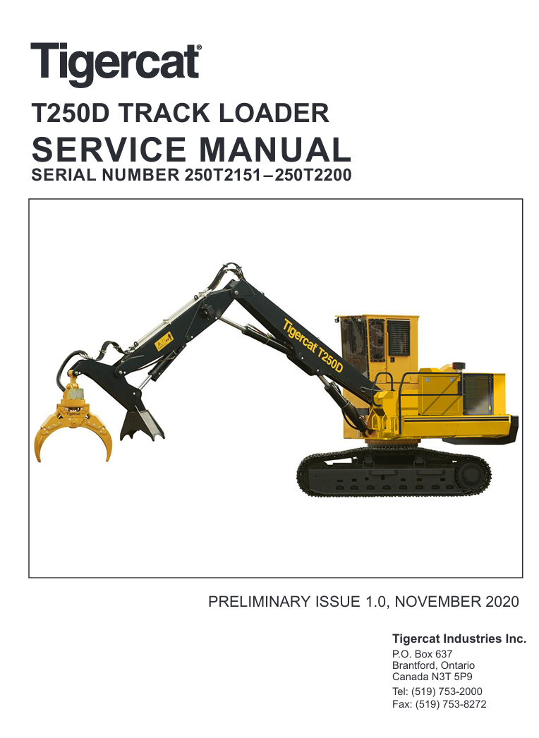 Detailed service and repair manual for the Tigercat T250D Track Loader, focusing on maintenance procedures