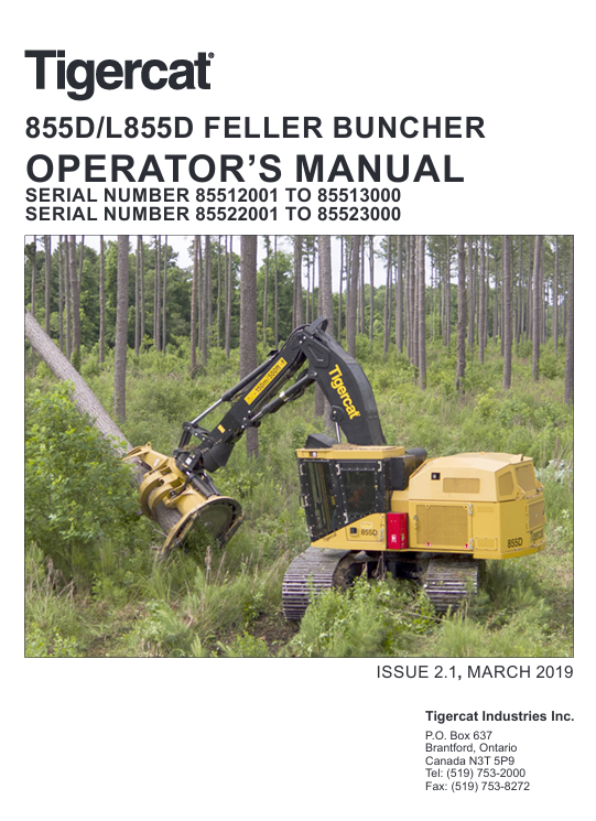 Cover of the Tigercat 855D Feller Buncher Operator's Manual, showcasing the equipment and essential operating instructions