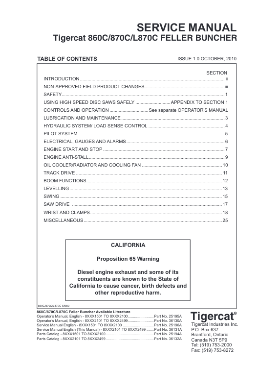 Service Repair Manual for Tigercat 860C Feller Buncher