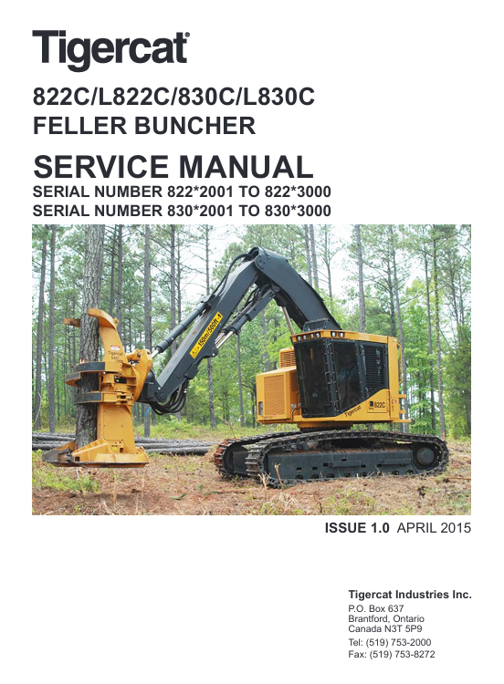 Tigercat L822C Feller Buncher Service Manual cover, highlighting repair techniques and detailed diagrams for maintenance