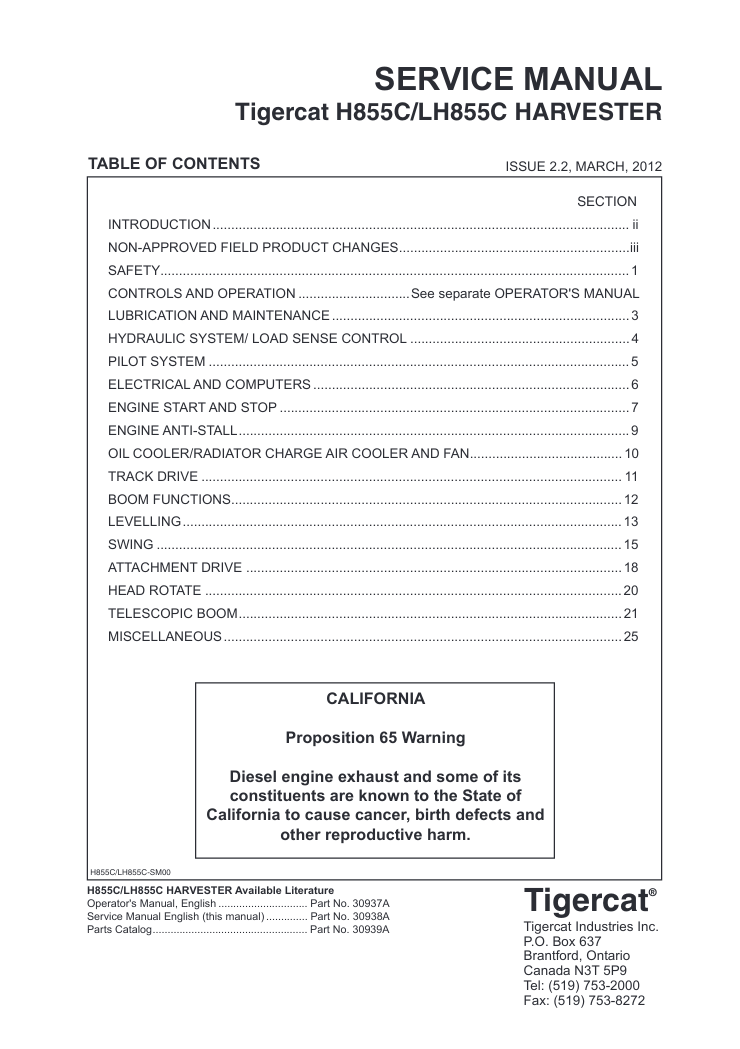 Comprehensive service manual for the Tigercat LH855C Harvester, covering repair and maintenance guidelines