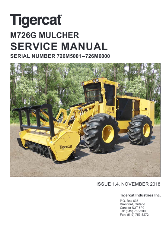 Service Repair Manual for Tigercat M726G Mulcher, highlighting the model and providing maintenance details for users