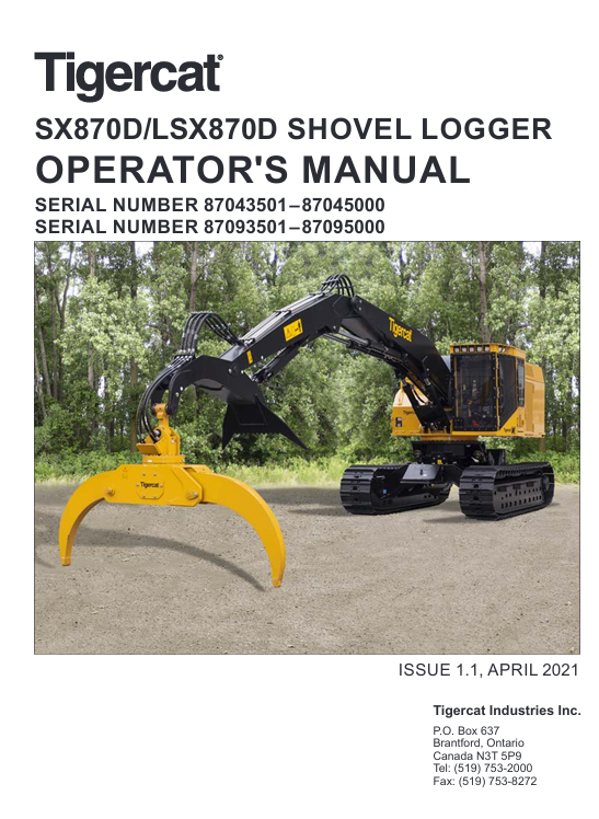 Tigercat SX870D Shovel Logger Operator's Manual - Image 2