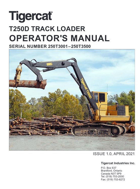 Tigercat T250D Track Loader Operator's Manual, showcasing the loader with essential operational guidelines