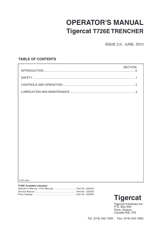 Tigercat T726E Trencher Operator's Manual cover featuring the model and key operational guidelines