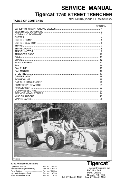 Tigercat T750 Street Trencher Service Repair Manual, displaying essential repair information and technical illustrations