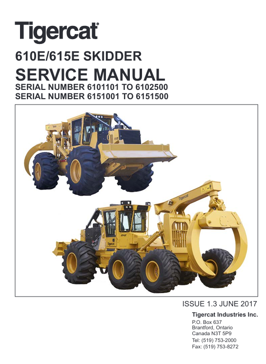 Tigercat 610E Skidder Service Repair Manual cover featuring detailed technical illustrations and specification