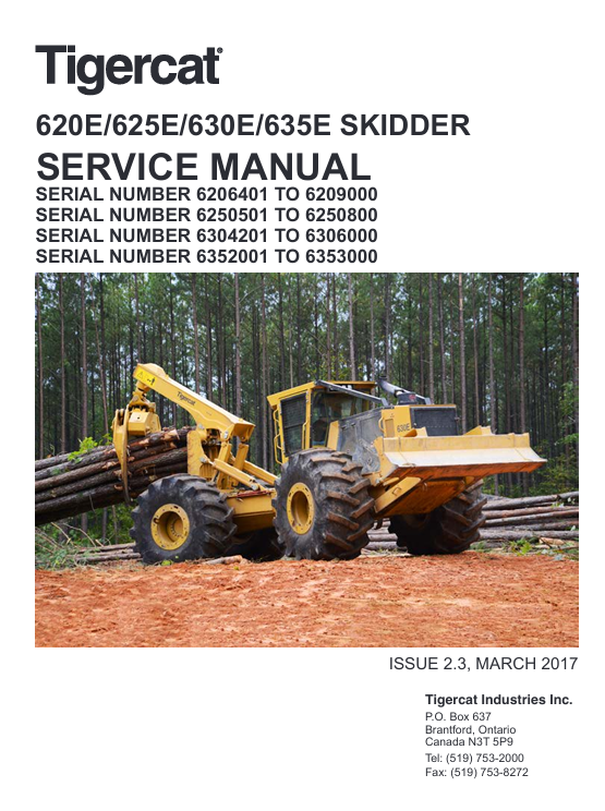 Cover of the Tigercat 625E Skidder Service Repair Manual, showcasing diagrams and repair instructions for maintenance