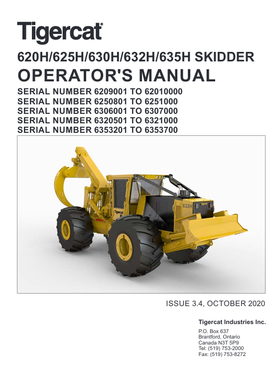 Operator's Manual for Tigercat 635H Skidder, highlighting the model and important usage instructions