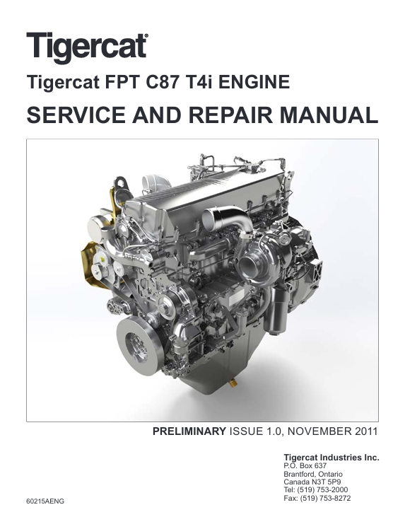 Service manual for Tigercat FPT C87 T4i Engine, highlighting key repair procedures and maintenance tips for optimal performance