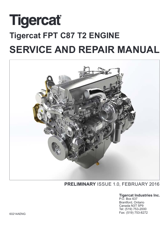 Tigercat FPT C87 T2 Engine Service Repair Manual cover featuring technical illustrations and detailed repair instructions