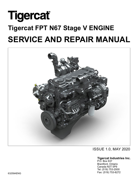 Tigercat FPT N67 Stage V Engine Service Repair Manual cover, highlighting engine parts and maintenance procedures