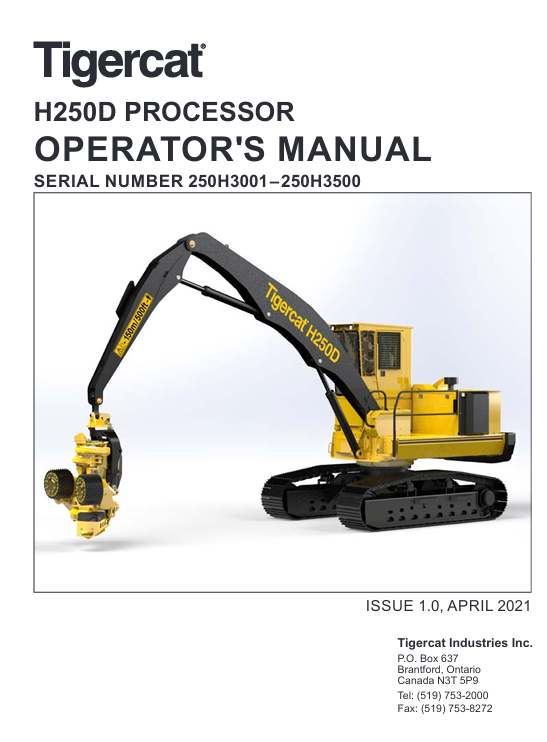 Tigercat H250D Processor Operator's Manual, displaying the title and relevant graphics for user guidance