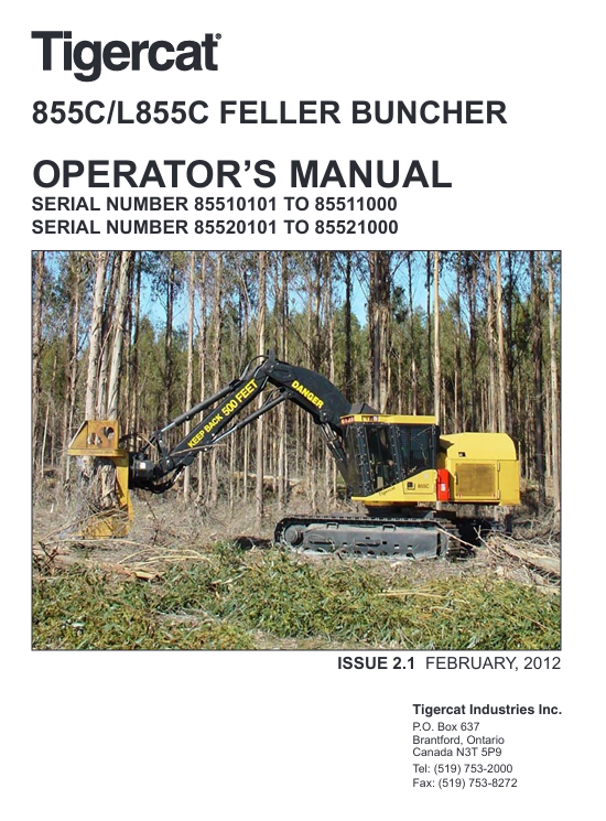 Tigercat H855C Harvester Operator's Manual, showcasing the harvester and essential operating instructions