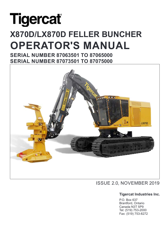 Tigercat LX870D Feller Buncher Operator's Manual cover featuring the machine and key operational details