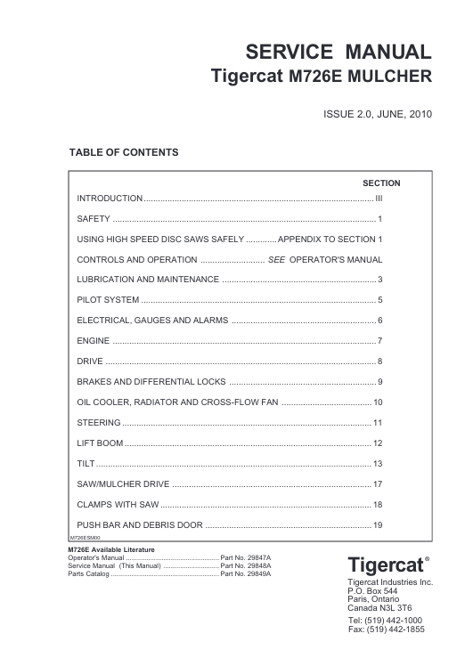Tigercat M726E Mulcher Service Repair Manual cover featuring technical diagrams and maintenance instructions
