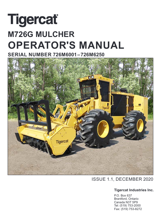 igercat M726G Mulcher Operator's Manual, displaying the machine and important operational guidelines