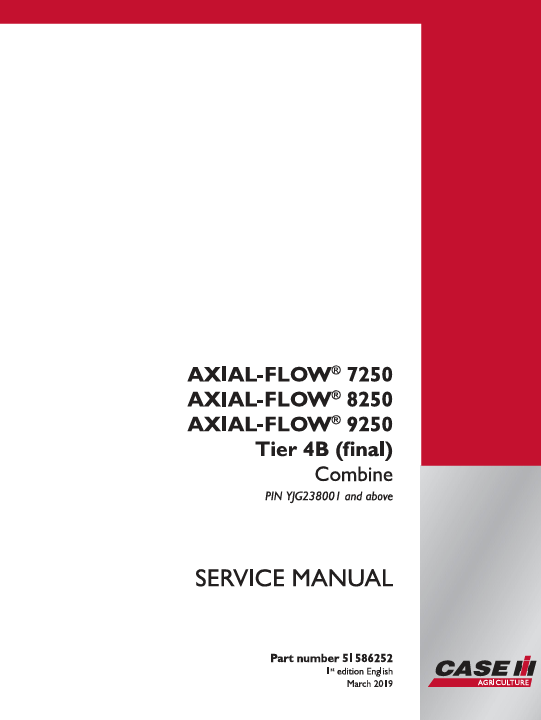 Service Repair Manual cover for Case Axial Flow 7250, featuring technical illustrations and detailed specifications